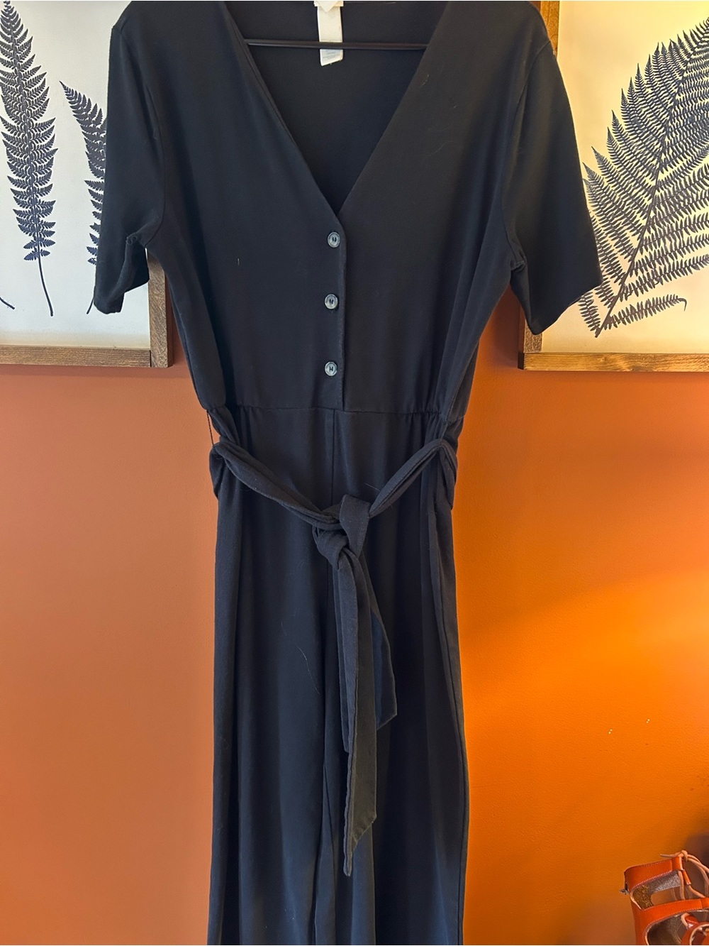 H&M Black V-Neck Midi Dress with Tie Waist